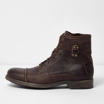 Dark brown leather military boots